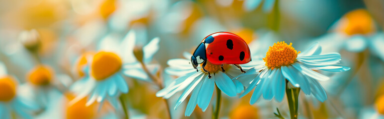 Ladybug on daisy in sunny field, shallow depth of field. Concept of summer, spring and ecology.