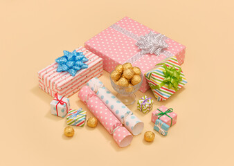 Birthday and friendly atmosphere. Gifts boxes with bright bows. Concept of happy birthday.