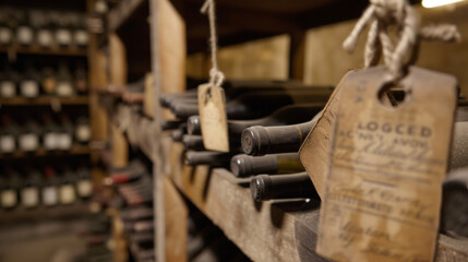 Closeup of a wine cellar tag attached to each bottle and containing important information such as storage conditions date acquired and recommended serving temperature.