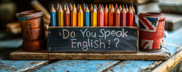 Vintage chalkboard with Do You Speak English? question, British flag, and pencils on rustic wooden backdrop, representing language learning and cultural communication - obrazy, fototapety, plakaty