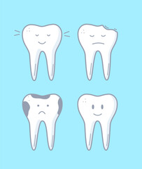 Icons of teeth with doodle emotions. Concept of healthy teeth and and sick teeth. Vector illustration of dental care.