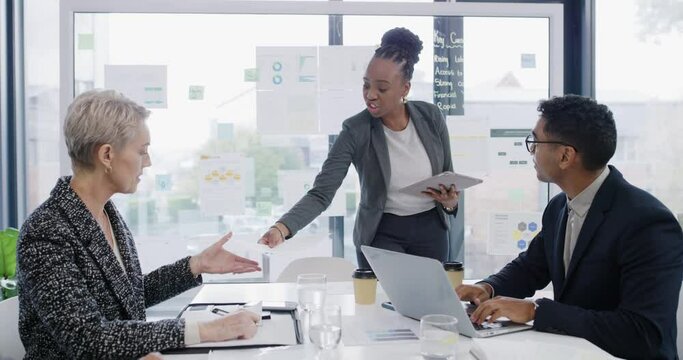 Business woman, presentation and meeting paperwork for statistics, data analytics or finance report on glass board. Presenter planning for graphs, charts and proposal documents with people listening