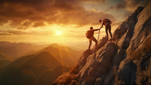 Group of hikers at sunset mountain. Young people on mountain hike at sunrise. They holding hands and helping each other. The concept of support and business. Ai-generated.