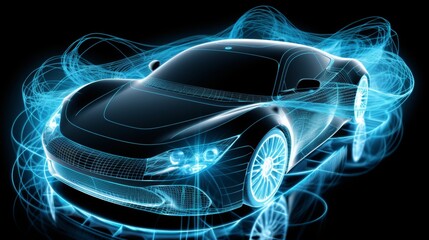 Futuristic electric car with holographic wireframe digital technology in white colors on background