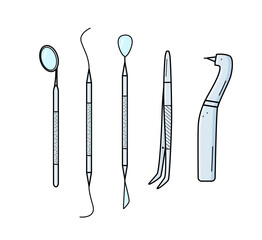 Dentist tools icons doodle. Vector illustration of elements of dentistry for the treatment and care of teeth.