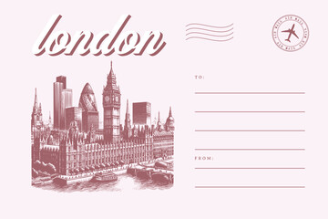 london united kingdom landscape building city post card template letter text with stamp illustration