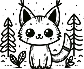 lynx, bobcat, caracal in cute animal doodle cartoon, children mascot drawing, outline, 