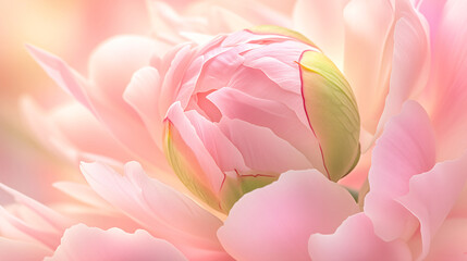 Macro photo shot of pink peony flower bud. Close up of delicate velvety petals. Gentle light pink floral background, wallpaper