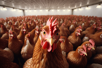 Close up of chicken cooped up in stable in intensive animal farming