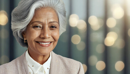 Belle femme senior âgée métisse avec des cheveux gris souriante. Portrait d'une dame âgée pour concept de beauté, soins de la peau, du visage, de cosmétique, sur un fond flou pour titre ou texte - obrazy, fototapety, plakaty