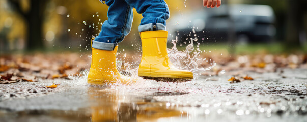 Happy kid splashing in puddles with yellow rubber boots.