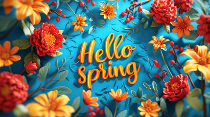 Lettering spring season with plants, leaves and colorful flowers. Hello spring, 1 march concept. Template for greeting card, invitation, banner, poster - obrazy, fototapety, plakaty