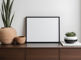 Close up of mockup poster frame leaning against the wall of living room, interior mockup design