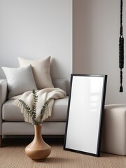 Close up of mockup poster frame leaning against a couch, modern interior design