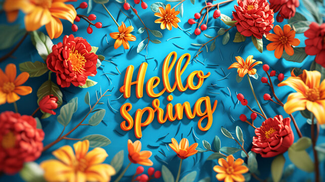 Lettering spring season with plants, leaves and colorful flowers. Hello spring, 1 march concept. Template for greeting card, invitation, banner, poster