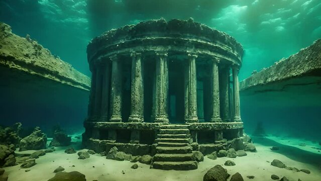 Lost civilization of Atlantis deep in the ocean. Underwater ruins. Magic blue ocean with ancient antique ruins, deep sea with mysterious lights. Ai-generated.