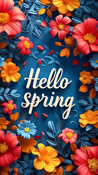 Fototapeta Lettering spring season with plants, leaves and colorful flowers. Hello spring, 1 march concept. Template for greeting card, invitation, banner, poster