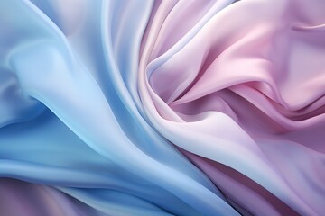 Abstract light blue and pink wavy crumpled shiny satin silk fabric textured textile background