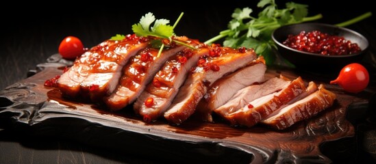 A plate filled with slices of red pork meat drizzled with sauce and garnished with herbs and vegetables. The meat is cooked and ready to be enjoyed.