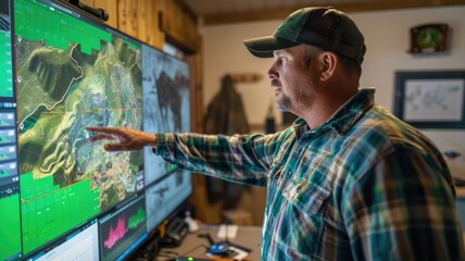 Farmer analyzing cattle movement patterns and health data collected by a drone on a large screen in the farm office