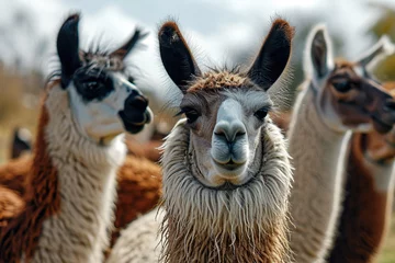 Papier Peint photo Lama closeup herd of llamas or alpacas