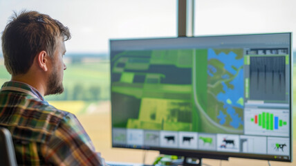 Farmer analyzing cattle movement patterns and health data collected by a drone on a large screen in the farm office