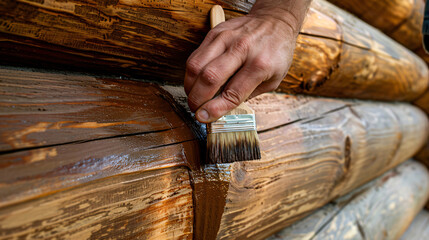 Applying varnish paint on a wooden surface.