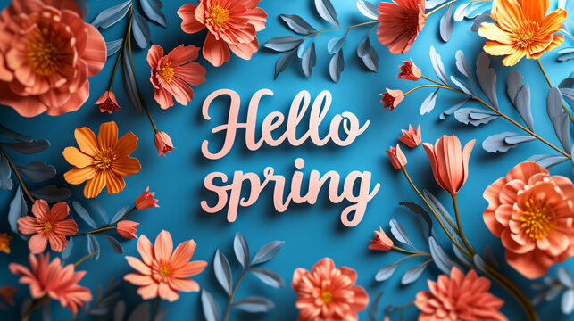 Lettering spring season with plants, leaves and colorful flowers. Hello spring, 1 march concept. Template for greeting card, invitation, banner, poster