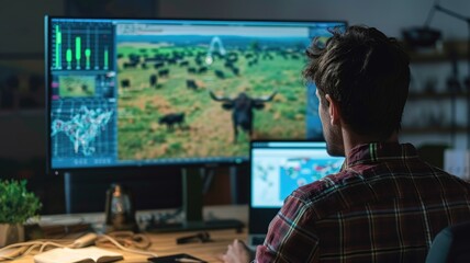 Farmer analyzing cattle movement patterns and health data collected by a drone on a large screen in the farm office - obrazy, fototapety, plakaty