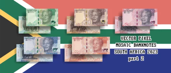 Fotobehang Vector set of pixel mosaic banknotes of South Africa. Collection of notes in denominations of 10, 20, 50, 100 and 200 rands. Obverse and reverse. Play money or flyers. Part 2 © GAlexS
