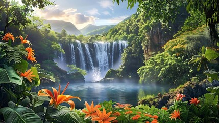 Fantasy landscape with waterfalls, tropical flowers on the foreground. Generative Ai