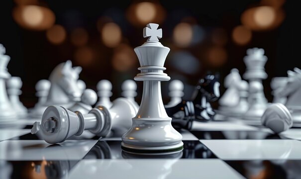 3d render, chess game battle. Queen's Gambit. White chess piece aggressive attack. Successful strategy, checkmate concept, Generative AI