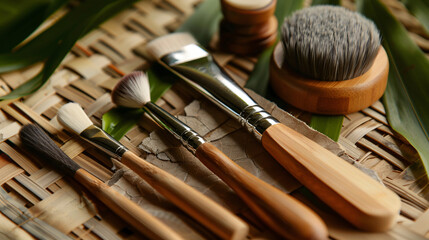 Authentic face treatment tools on bamboo - obrazy, fototapety, plakaty