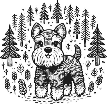 terrier dog in cute animal doodle cartoon, children mascot drawing, outline, 