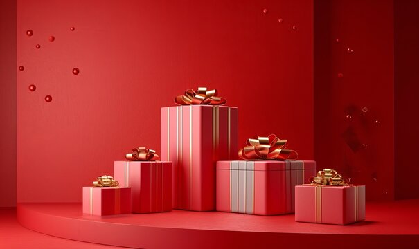 3d render. Red background with Christmas gift boxes, empty showcase for product presentation. Holiday sale, Generative AI