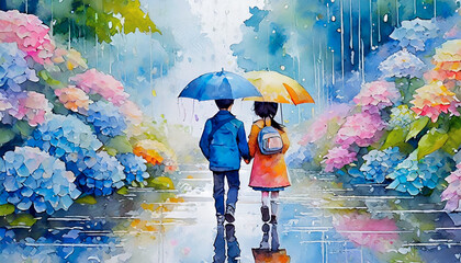 梅雨,雨季,雨の紫陽花の道を傘をさす子供達のイラスト,rainy season,Generative AI AI画像