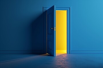 3d render, open blue door isolated on blue background, yellow light going through the slot. Architectural design element. Modern minimal concept. Opportunity, Generative AI