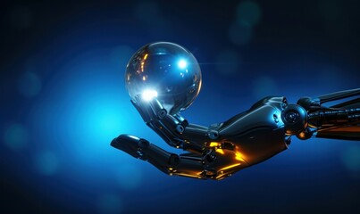 3d render, abstract metallic arm holds glass sphere with inner light, isolated on dark blue background. Scientific minimalist wallpaper, ecological energy source, Generative AI