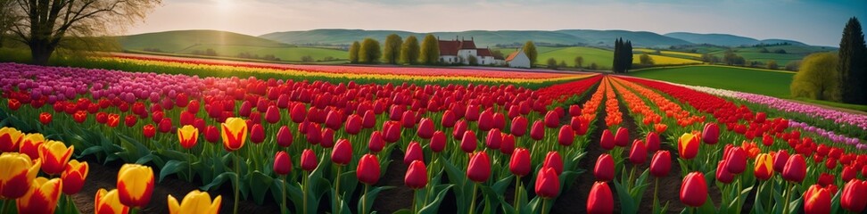 ein Panoramablick auf eine ländliche Landschaft mit bunten Tulpenfeldern, die ein malerisches Bild abgeben, das die pulsierende Energie des Frühlings verkörpert. - obrazy, fototapety, plakaty