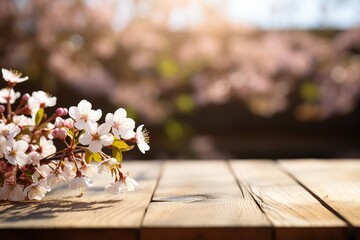 template of empty boards top with branch of cherry flowers on blurred background for product display or photomontage