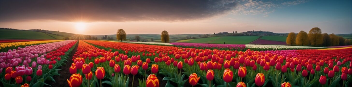 ein Panoramablick auf eine ländliche Landschaft mit bunten Tulpenfeldern, die ein malerisches Bild abgeben, das die pulsierende Energie des Frühlings verkörpert.