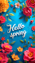 Fototapeta na wymiar Lettering spring season with plants, leaves and colorful flowers. Hello spring, 1 march concept. Template for greeting card, invitation, banner, poster