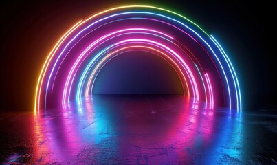 3d render, abstract neon rainbow isolated on black background. Colorful glowing lines and laser rays, Generative AI