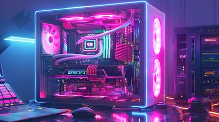 Fototapeta na wymiar Fantasy neon computer system unit. Generative Ai