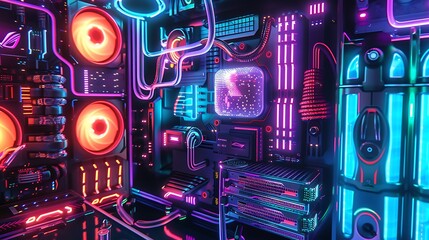 Fototapeta premium Fantasy neon computer system unit. Generative Ai