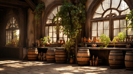Fototapeta na wymiar Wine barrels with aging labels in a rustic setting created