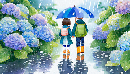 梅雨,雨季,雨の紫陽花の道を傘をさす子供達のイラスト,rainy season,Generative AI AI画像
