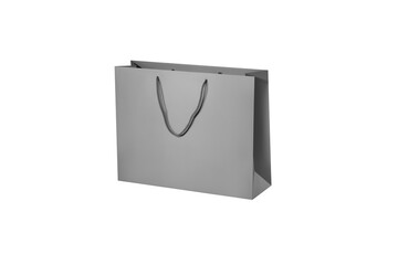 Gray paper glossy shopping bag mockup with gray handles.