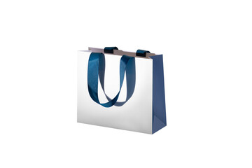 Blue and white paper shopping bags mockup with blue handles	
