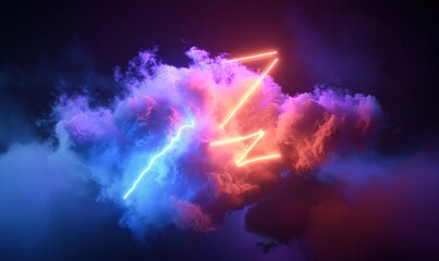 3d render, abstract background of neon linear lightning symbol inside the illuminated colorful cloud, futuristic minimalist wallpaper, Generative AI - obrazy, fototapety, plakaty